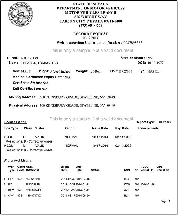Drivers License record sample page 1