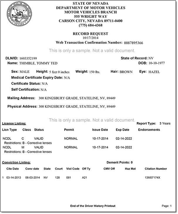 Sample of three-year driving record