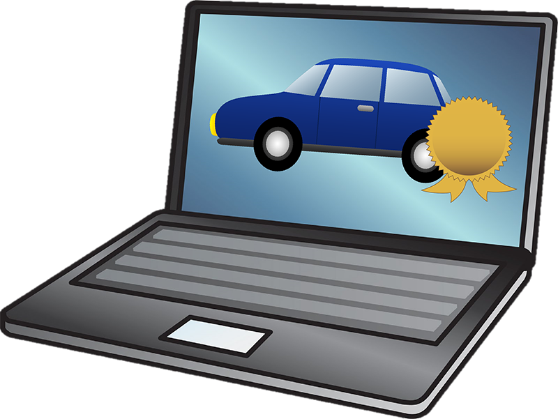 laptop showing car and certificate seal
