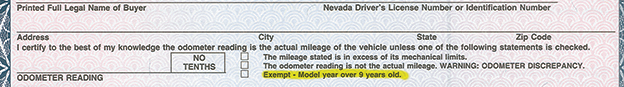 Odometer Section of Title showing a nine-year exemption period