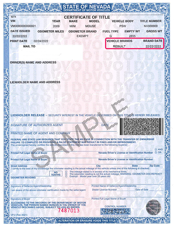 Vehicle Title with Rebuilt brand